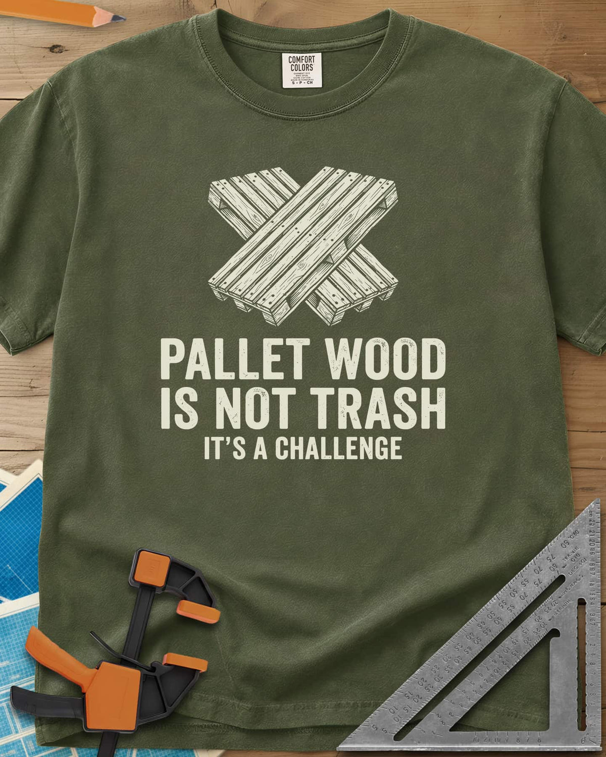 Pallet Wood Challenge heavyweight tee in Hemp, two wooden pallets crossed in an X