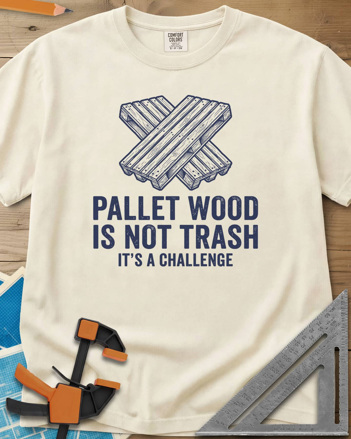 Pallet Wood Challenge heavyweight tee in Ivory, two wooden pallets crossed in an X