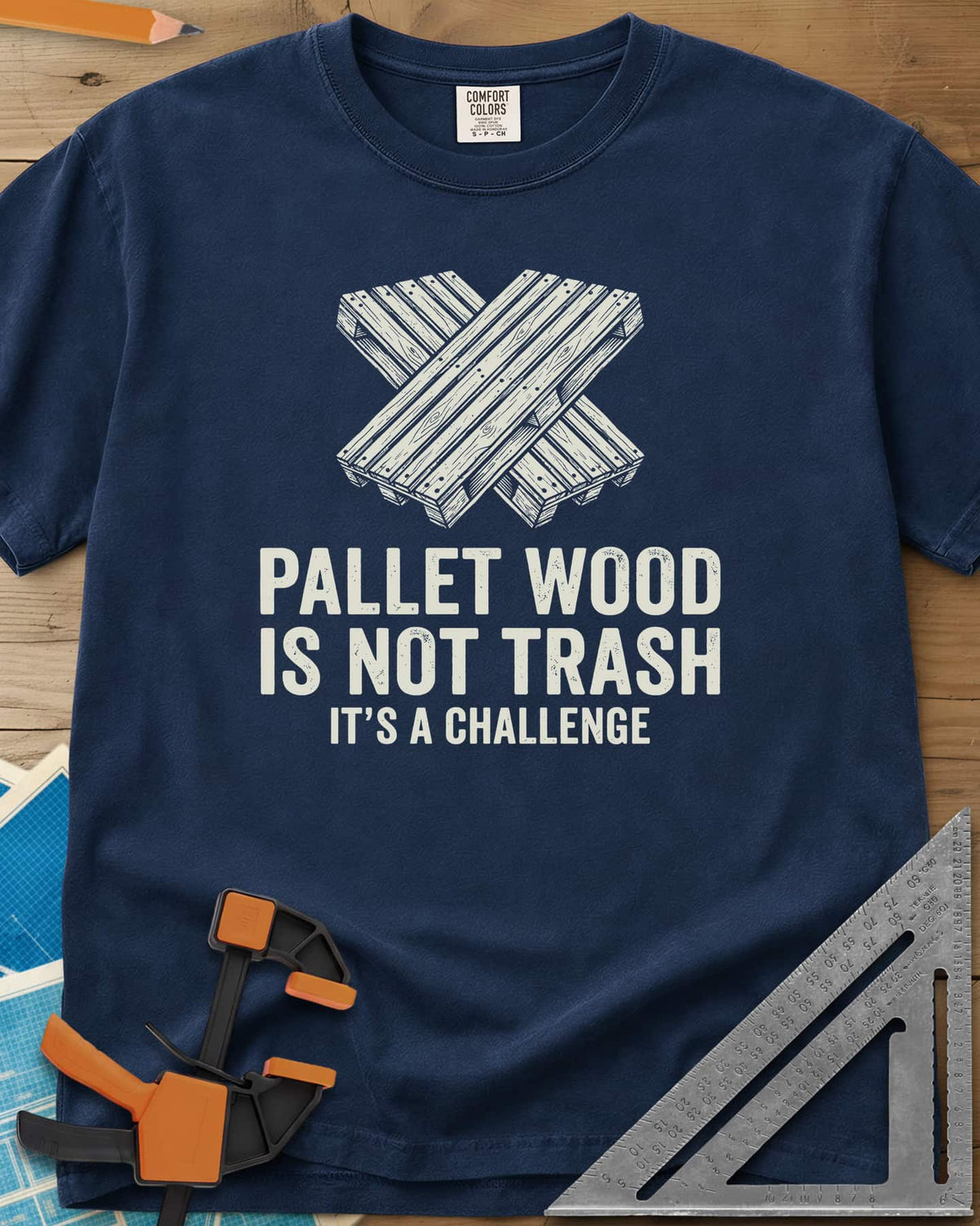 Pallet Wood Challenge heavyweight tee in Navy, two wooden pallets crossed in an X
