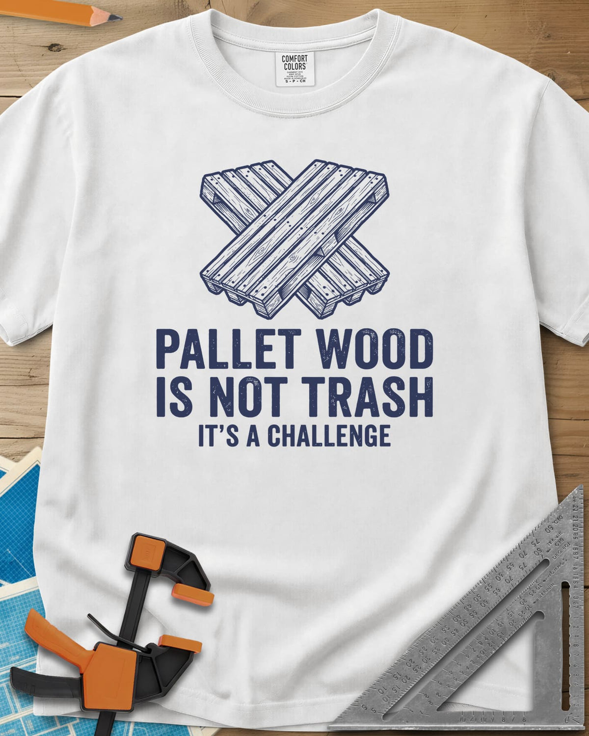 Pallet Wood Challenge heavyweight tee in White, two wooden pallets crossed in an X