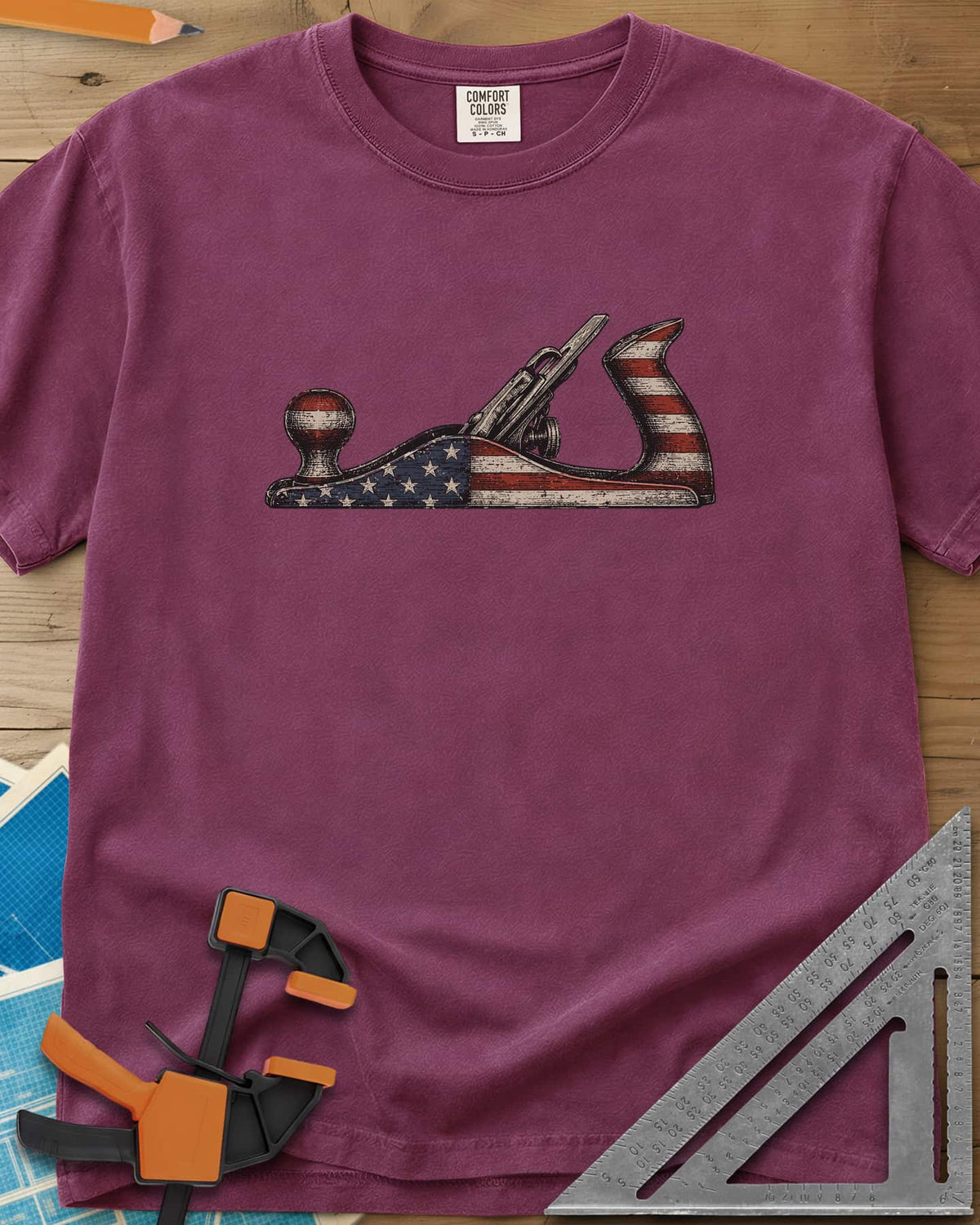 Patriotic Hand Plane heavyweight tee in Berry, a vintage bench plane painted in the stars and stripes