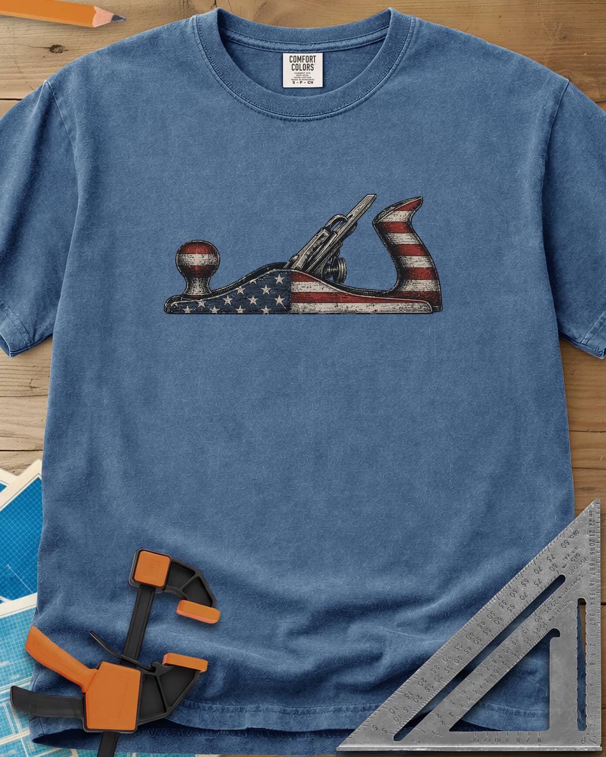 Patriotic Hand Plane heavyweight tee in Blue Jean, a vintage bench plane painted in the stars and stripes
