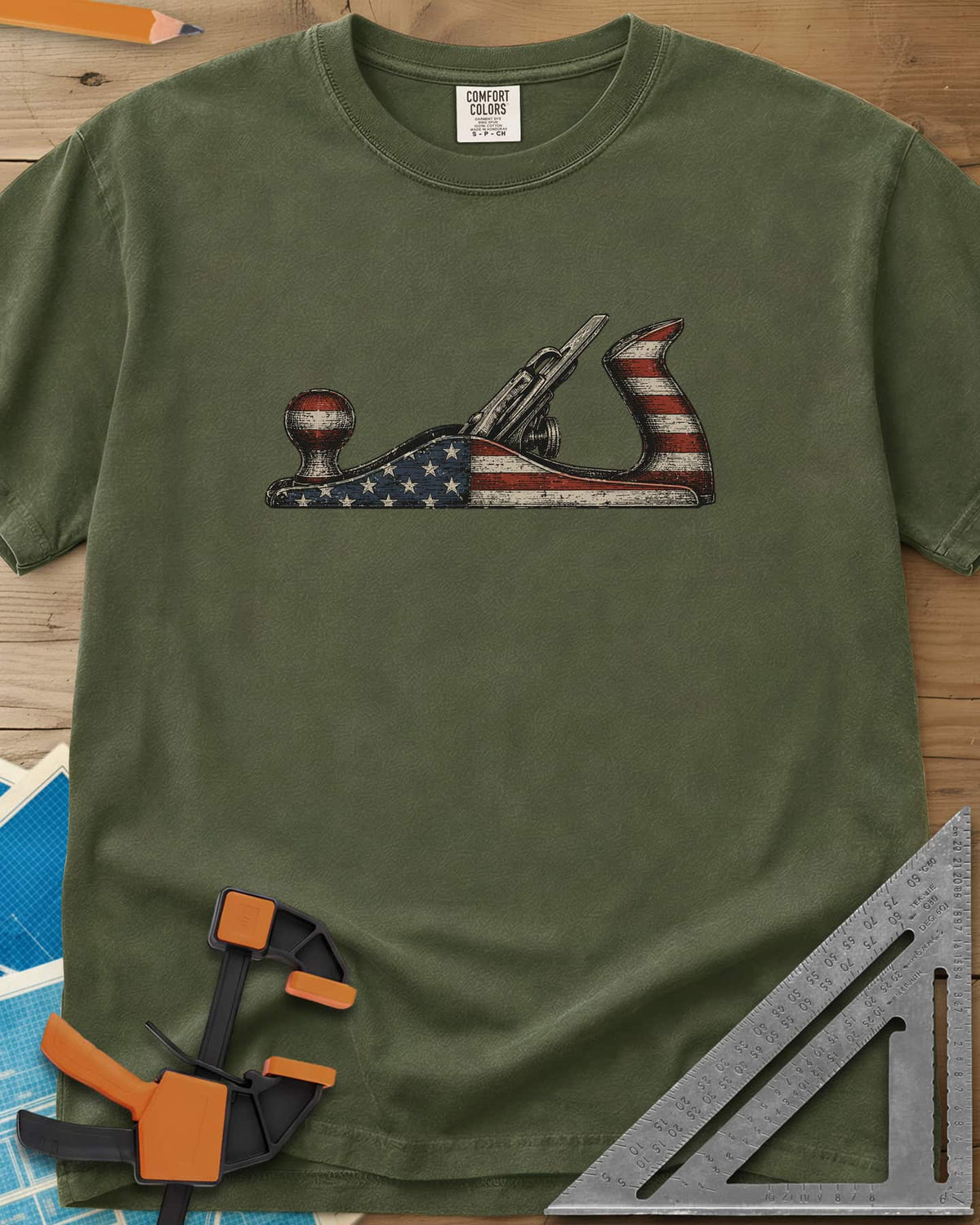 Patriotic Hand Plane heavyweight tee in Hemp, a vintage bench plane painted in the stars and stripes