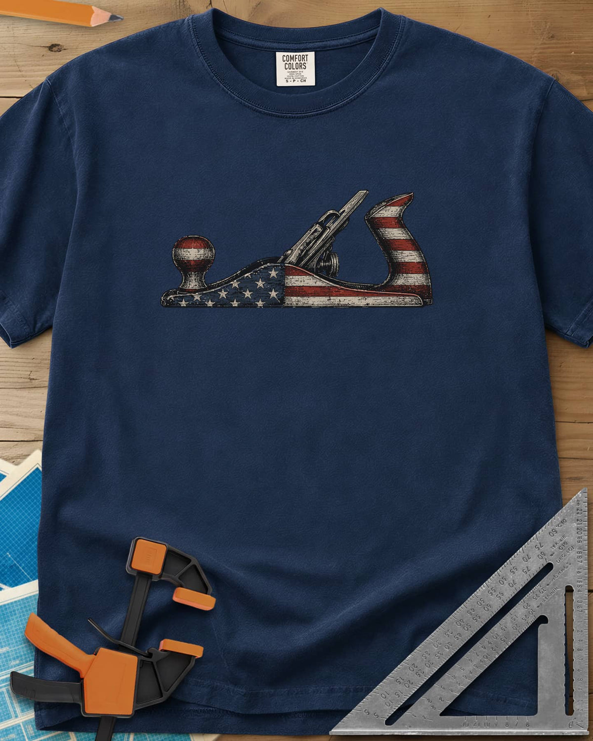 Patriotic Hand Plane heavyweight tee in Navy, a vintage bench plane painted in the stars and stripes