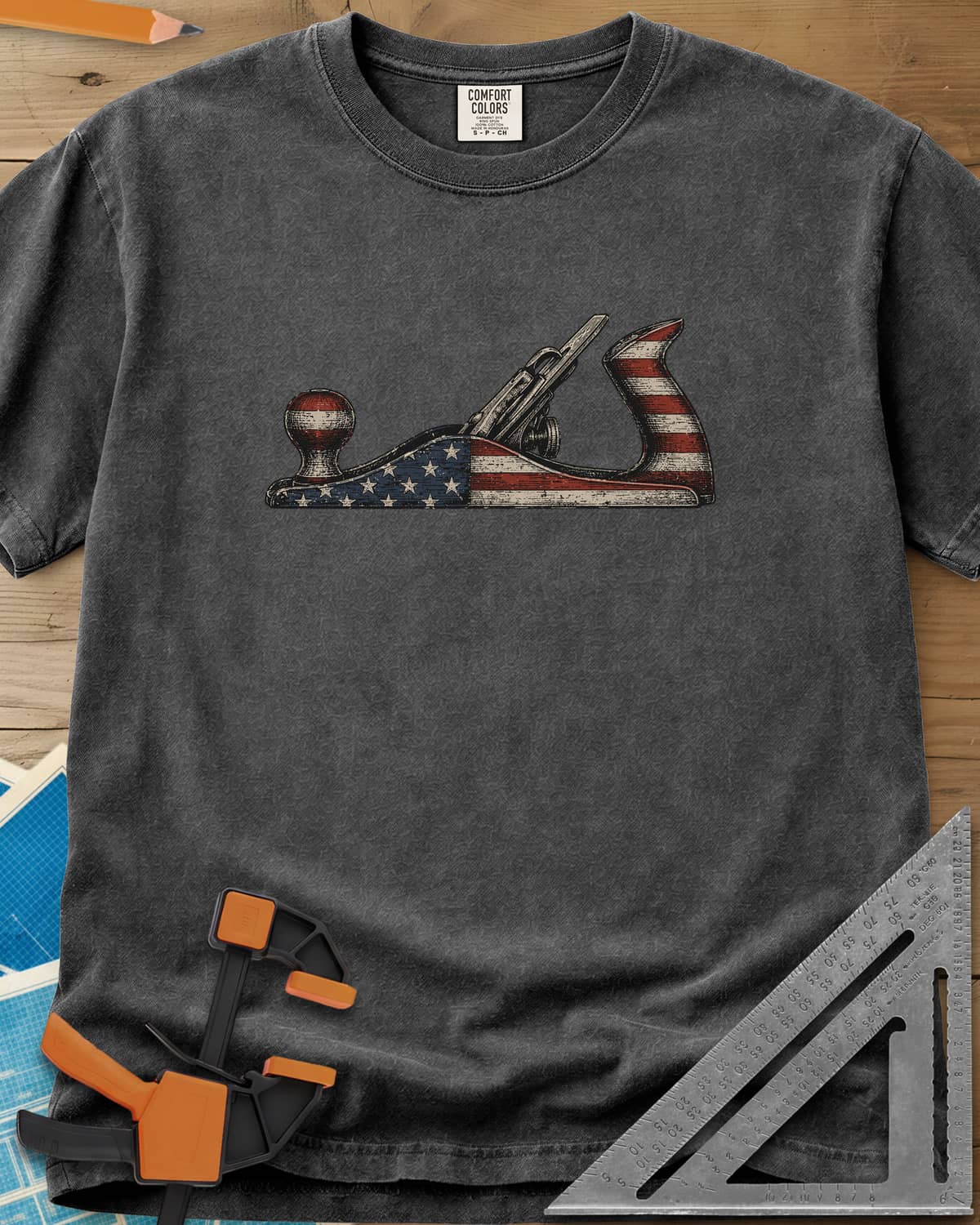 Patriotic Hand Plane heavyweight tee in Pepper, a vintage bench plane painted in the stars and stripes