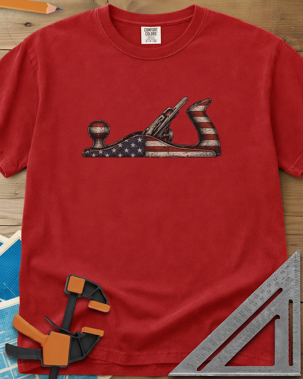 Patriotic Hand Plane heavyweight tee in Red, a vintage bench plane painted in the stars and stripes