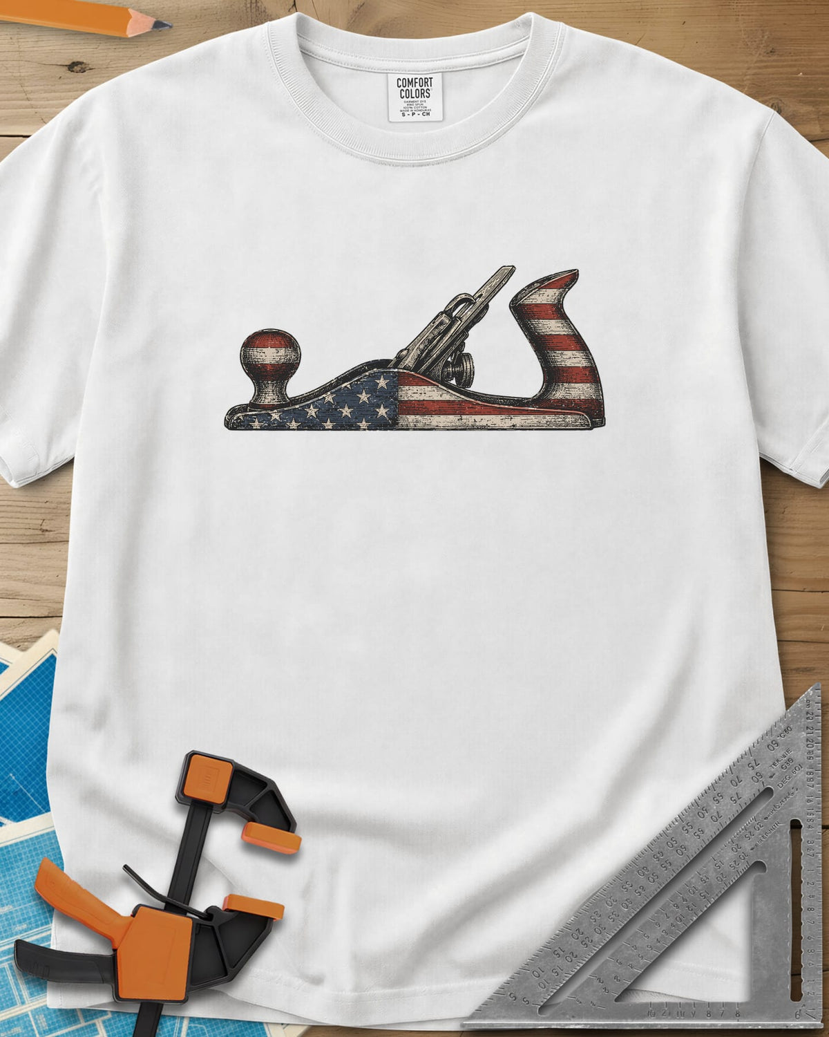 Patriotic Hand Plane heavyweight tee in White, a vintage bench plane painted in the stars and stripes
