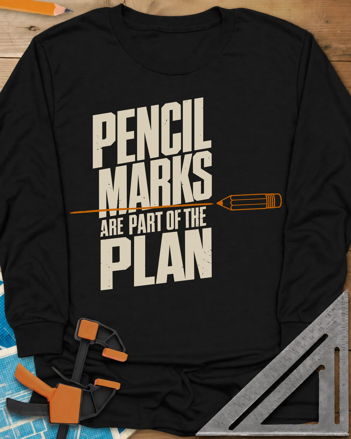 Pencil Marks long sleeve shirt in Black, a pencil drawing a line through stacked block lettering