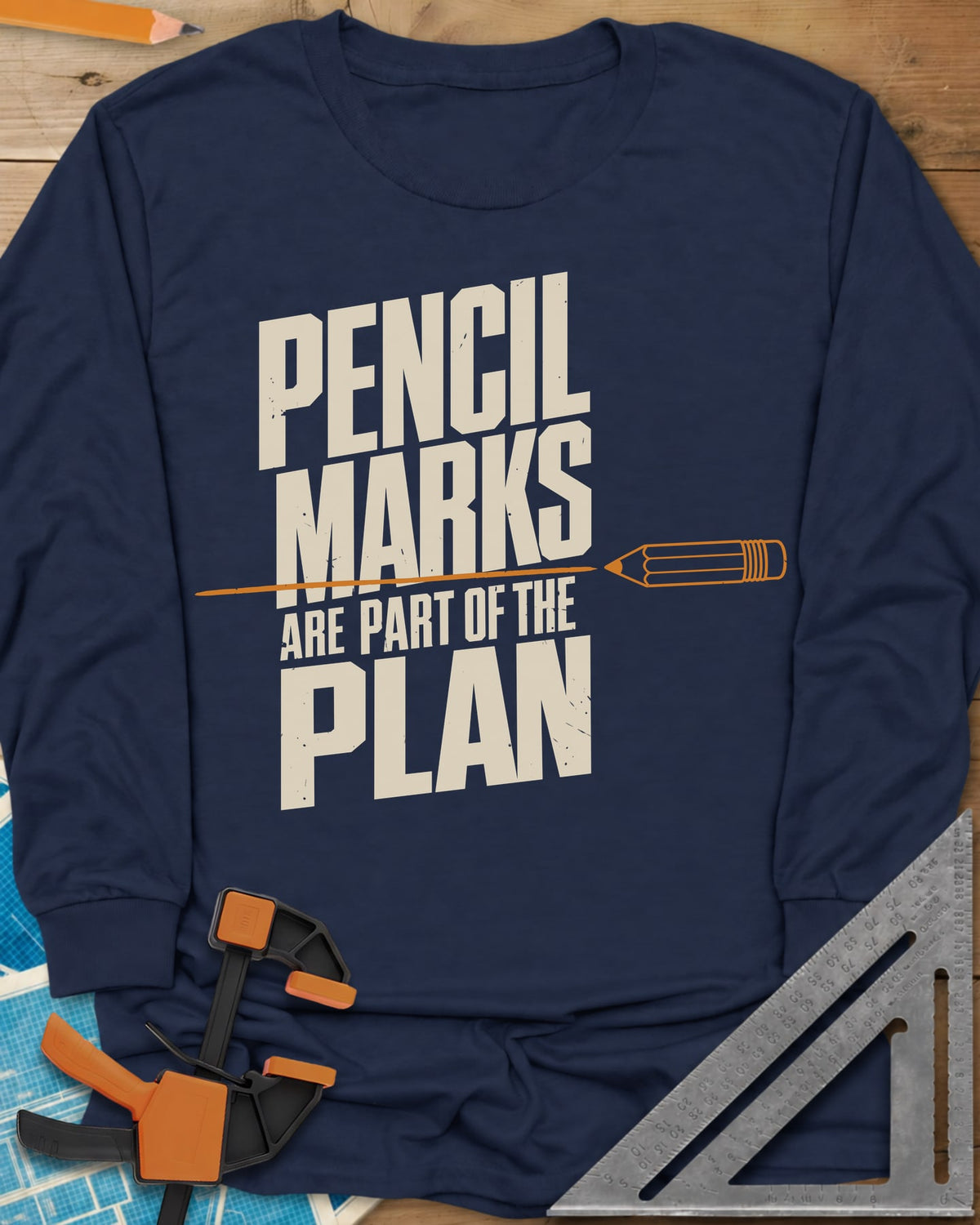 Pencil Marks long sleeve shirt in Navy, a pencil drawing a line through stacked block lettering