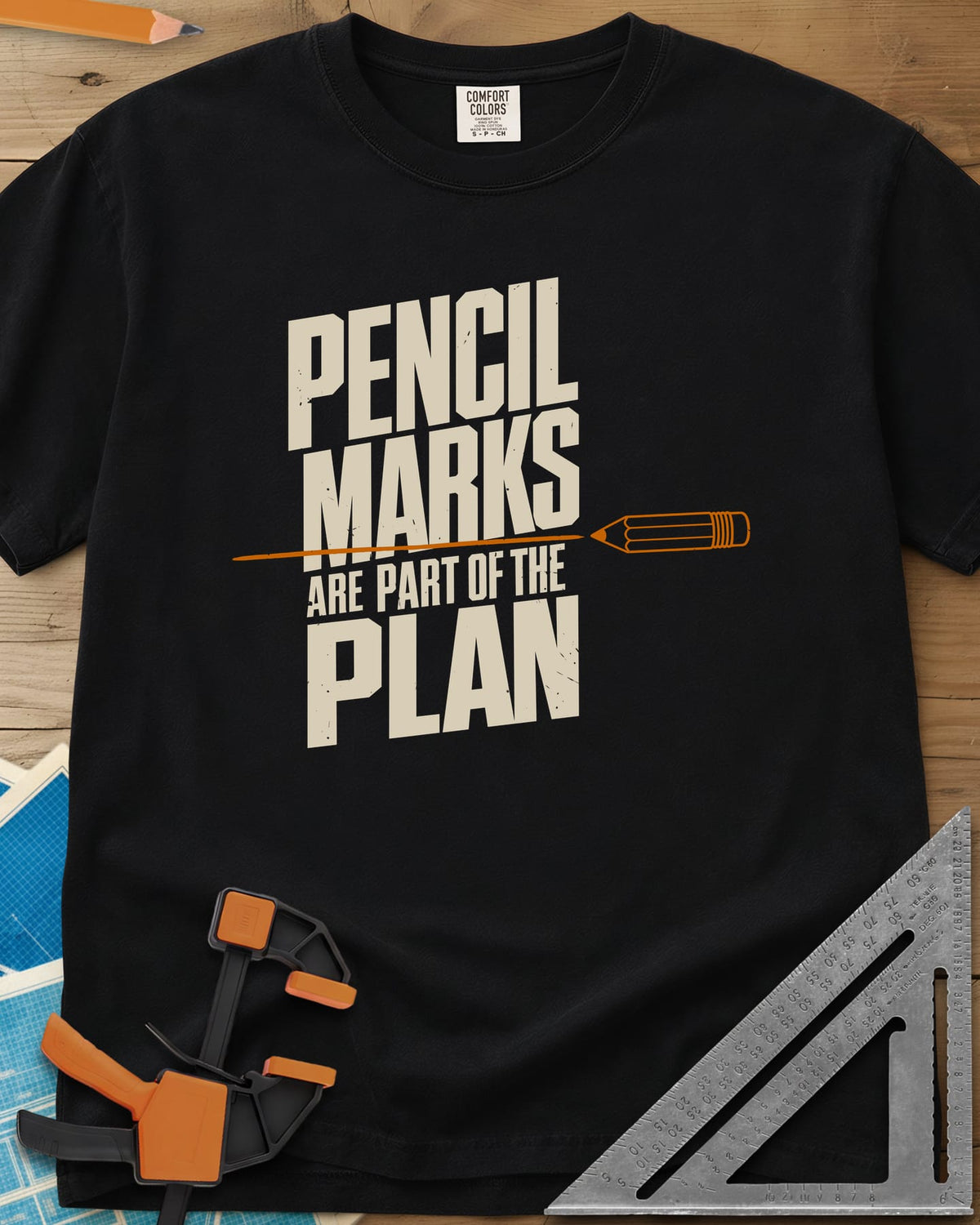 Pencil Marks heavyweight tee in Black, a pencil drawing a line through stacked block lettering