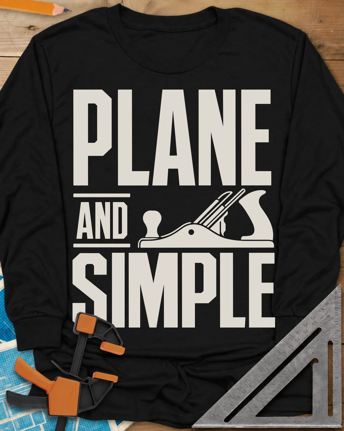 Plane & Simple long sleeve shirt in Black, huge PLANE and SIMPLE type with a hand plane beside the word AND