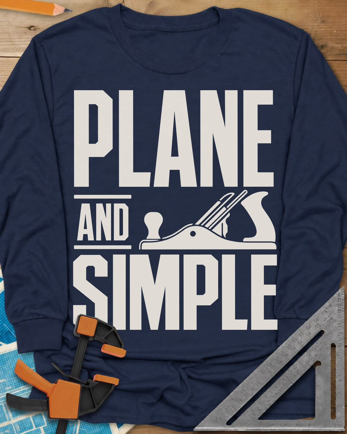Plane & Simple long sleeve shirt in Navy, huge PLANE and SIMPLE type with a hand plane beside the word AND
