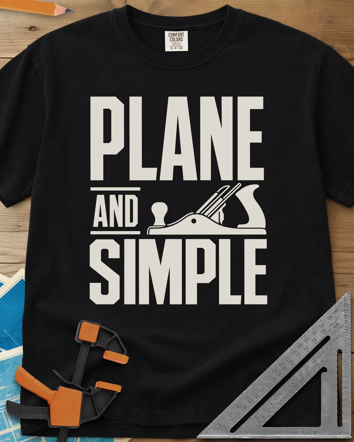 Plane & Simple heavyweight tee in Black, huge PLANE and SIMPLE type with a hand plane beside the word AND
