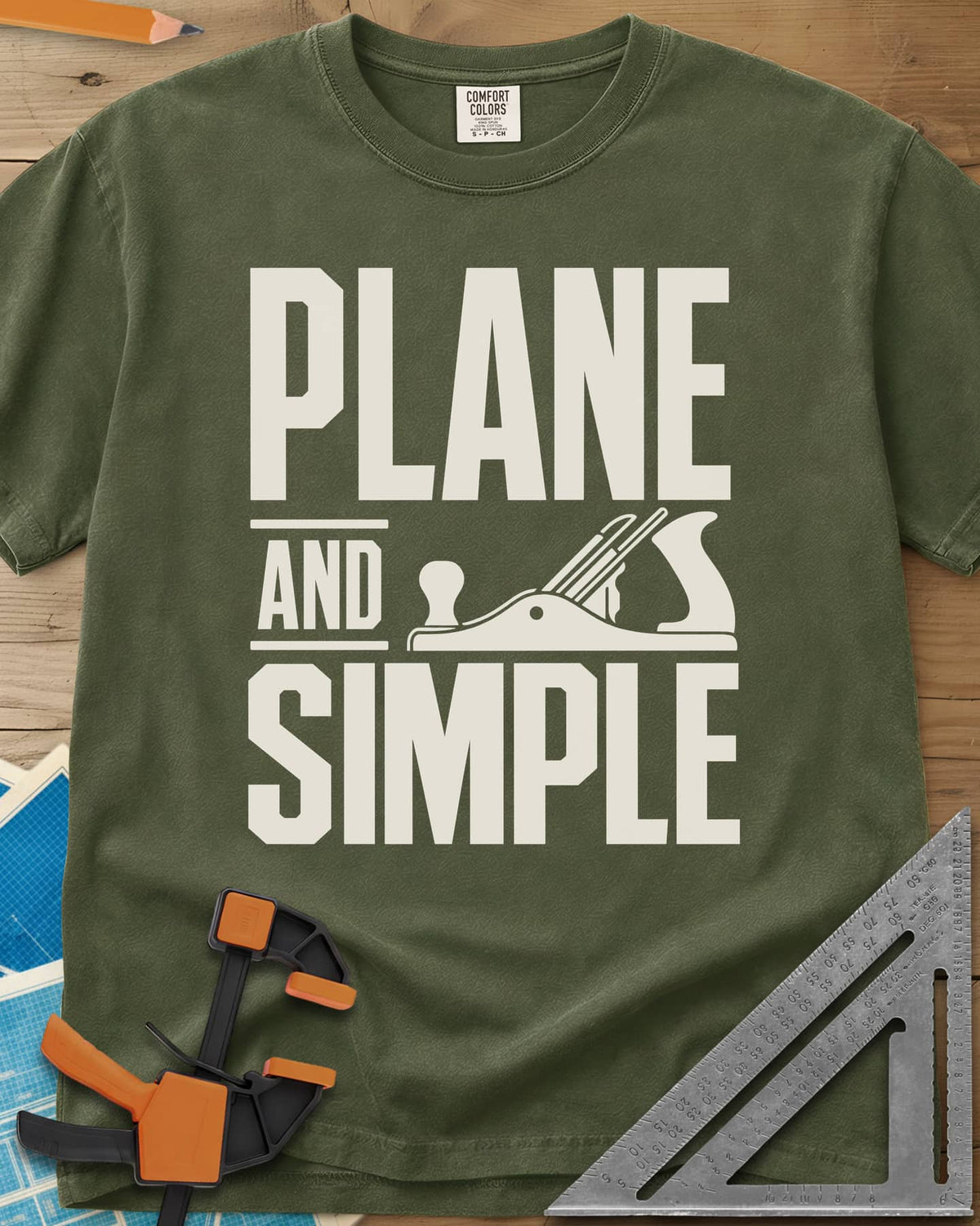 Plane & Simple heavyweight tee in Hemp, huge PLANE and SIMPLE type with a hand plane beside the word AND