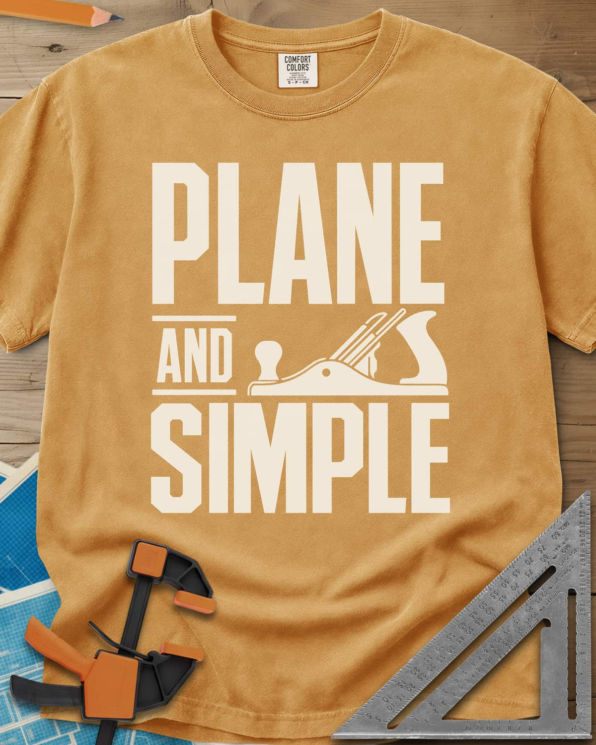 Plane & Simple heavyweight tee in Mustard, huge PLANE and SIMPLE type with a hand plane beside the word AND