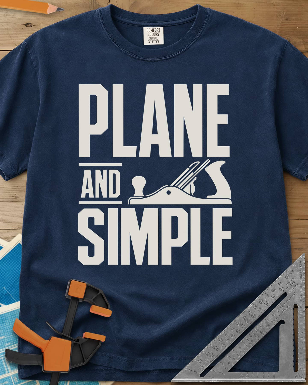 Plane & Simple heavyweight tee in Navy, huge PLANE and SIMPLE type with a hand plane beside the word AND