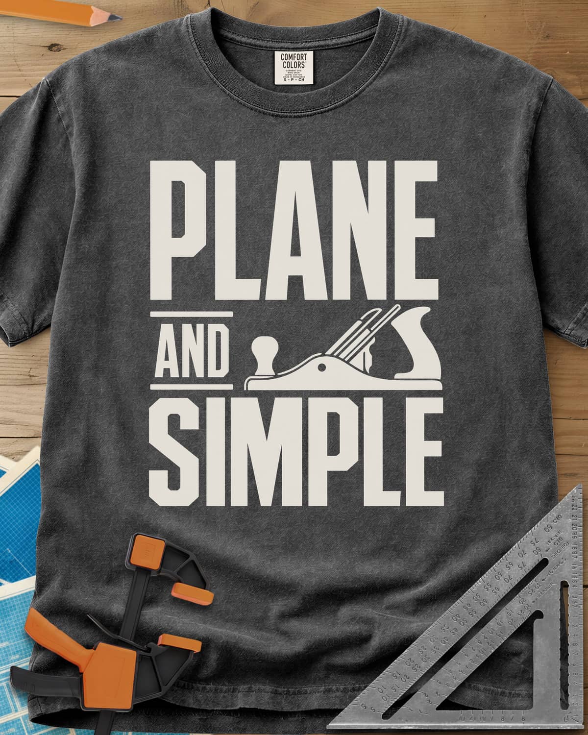 Plane & Simple heavyweight tee in Pepper, huge PLANE and SIMPLE type with a hand plane beside the word AND