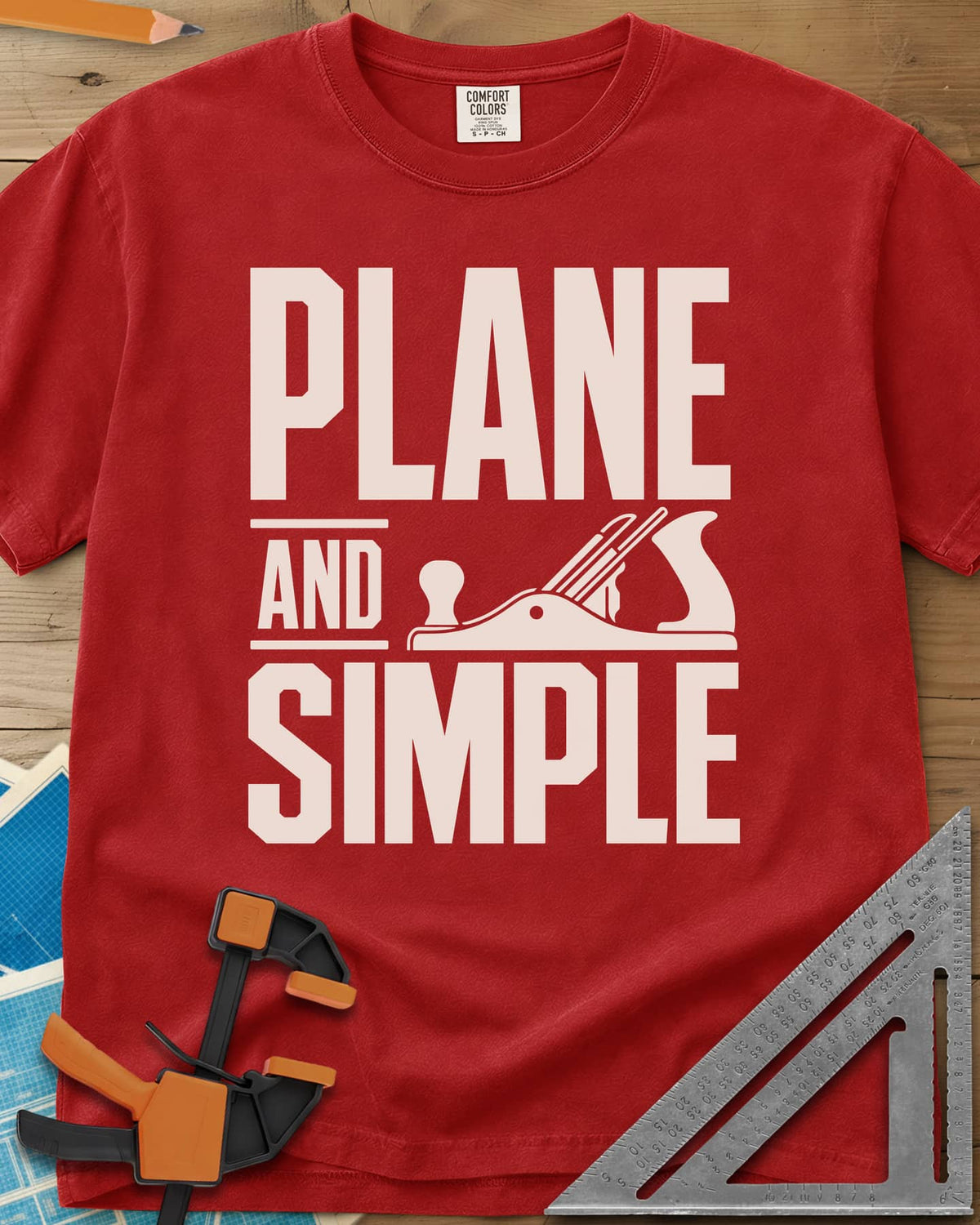 Plane & Simple heavyweight tee in Red, huge PLANE and SIMPLE type with a hand plane beside the word AND