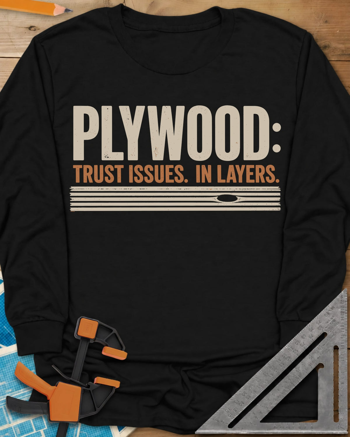 Plywood Trust long sleeve shirt in Black, striped plywood layers with an oval knot patch