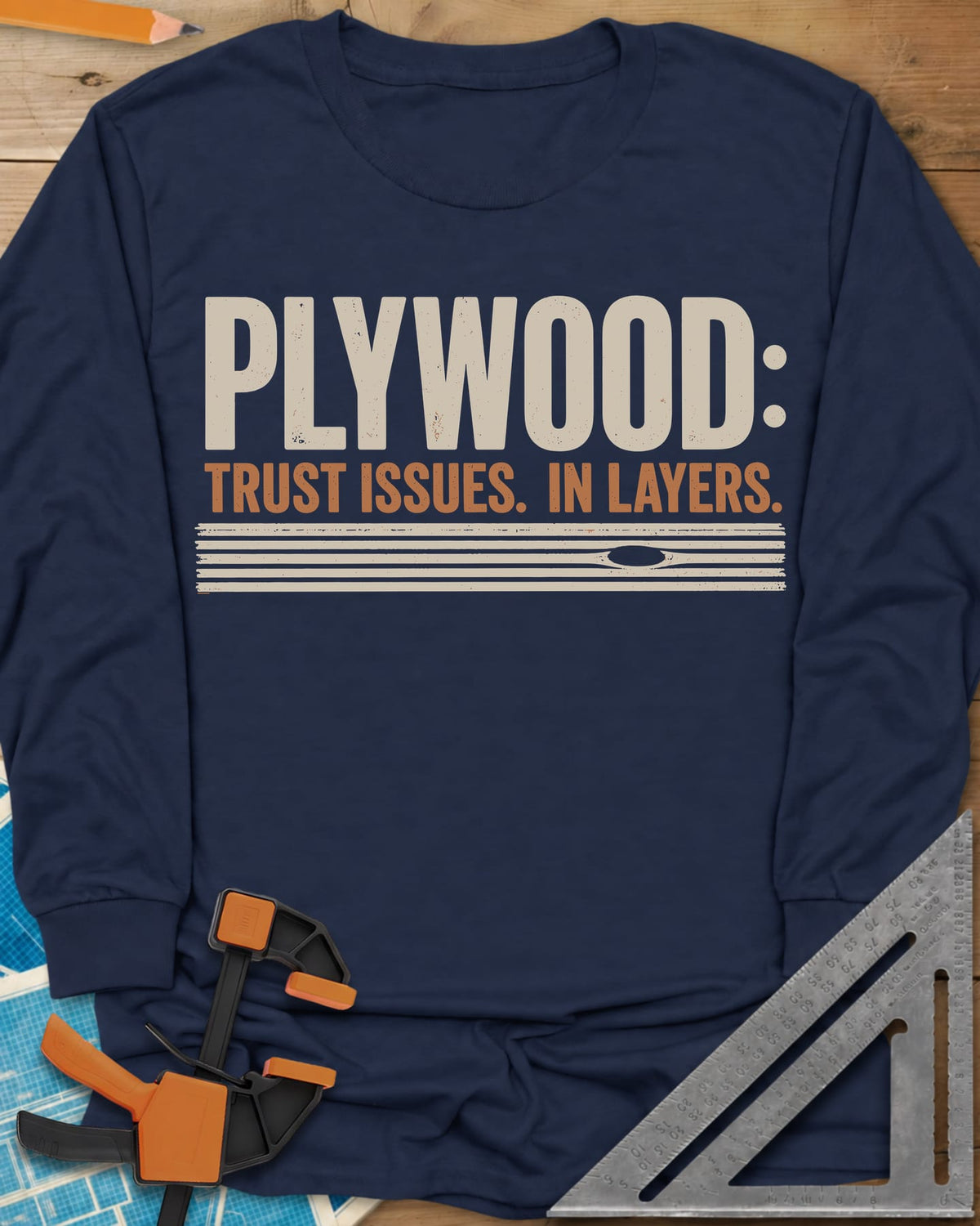 Plywood Trust long sleeve shirt in Navy, striped plywood layers with an oval knot patch