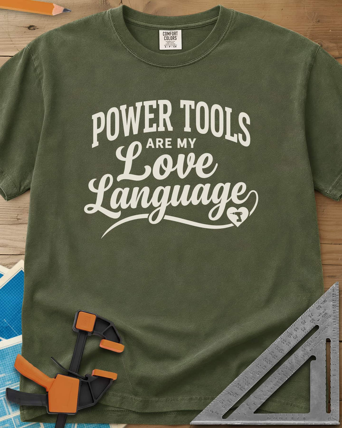 Power Tools Are My Love Language heavyweight tee in Hemp, script lettering with a swash ending in a heart holding a drill