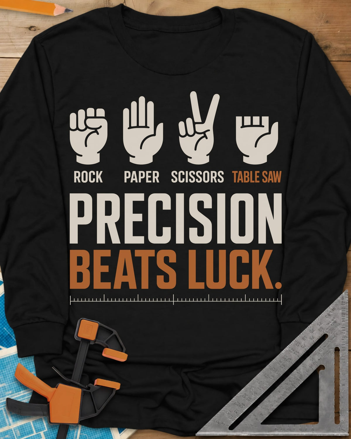 Precision Beats Luck long sleeve shirt in Black, three hand signs and a short-fingered table saw hand over a ruler