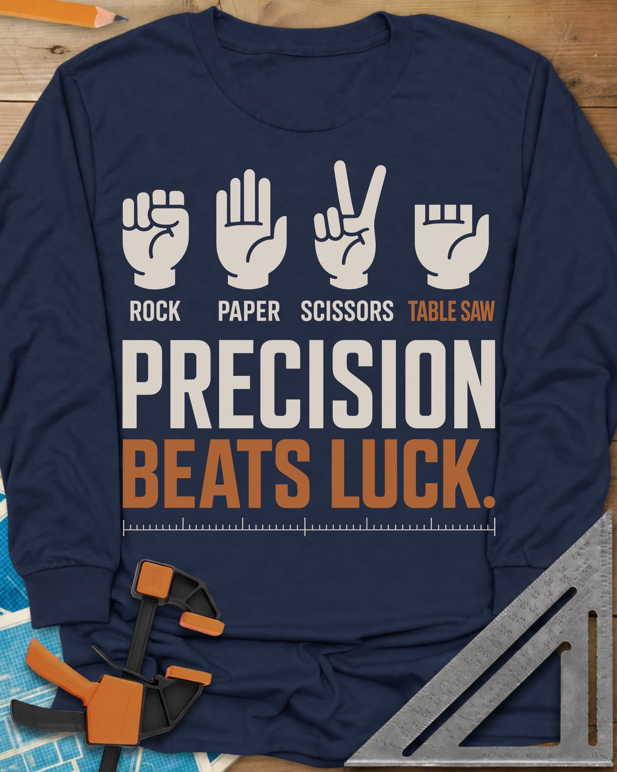 Precision Beats Luck long sleeve shirt in Navy, three hand signs and a short-fingered table saw hand over a ruler