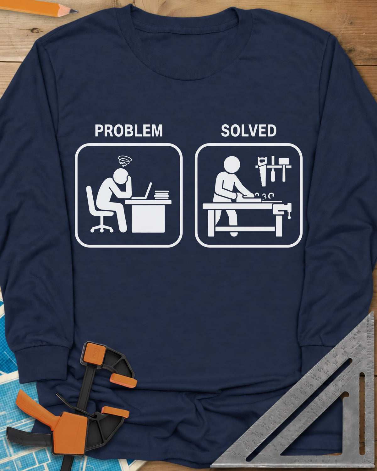 Problem Solved long sleeve shirt in Navy, two pictogram panels, a stressed desk worker and a woodworker planing