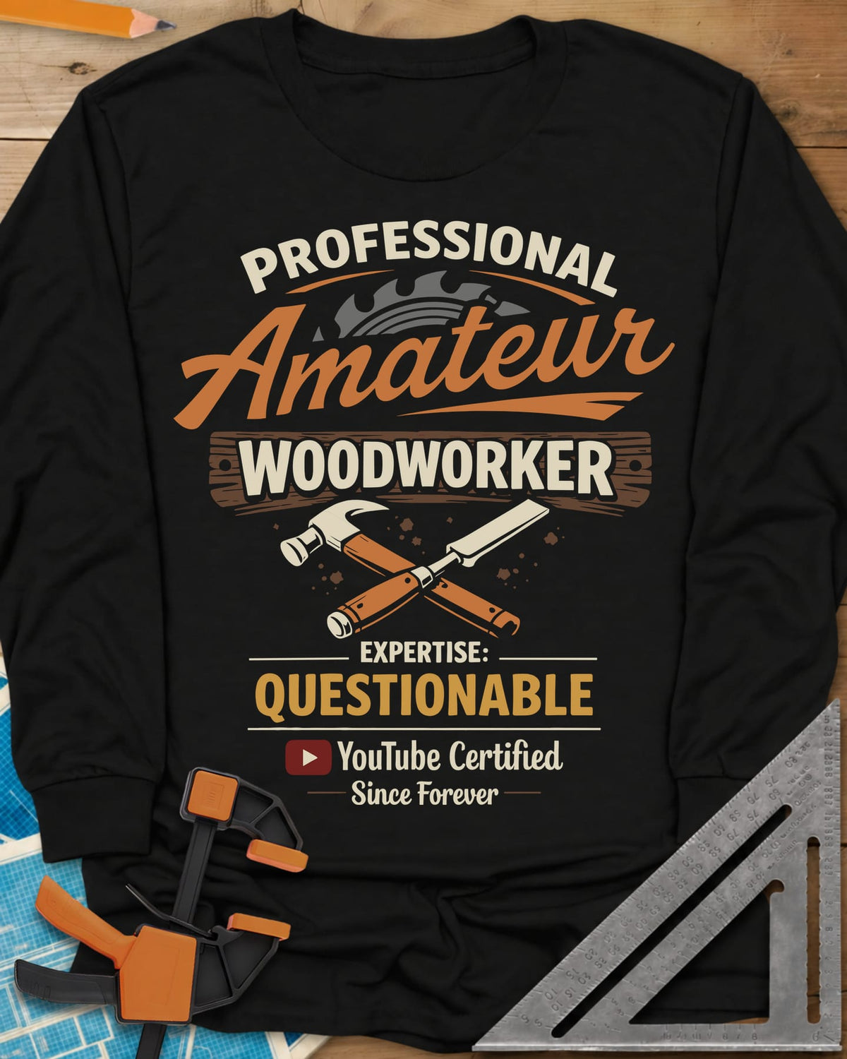 Professional Amateur long sleeve shirt in Black, a saw blade, crossed hammer and chisel, and a YouTube play button