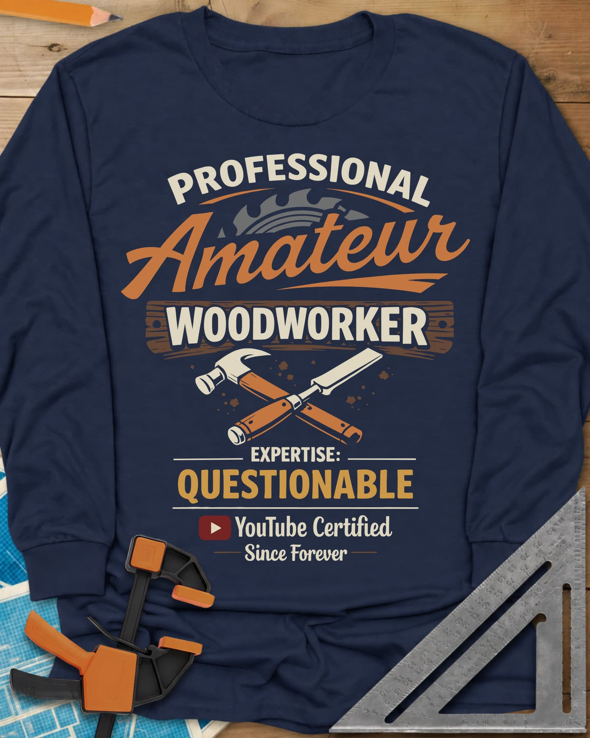 Professional Amateur long sleeve shirt in Navy, a saw blade, crossed hammer and chisel, and a YouTube play button