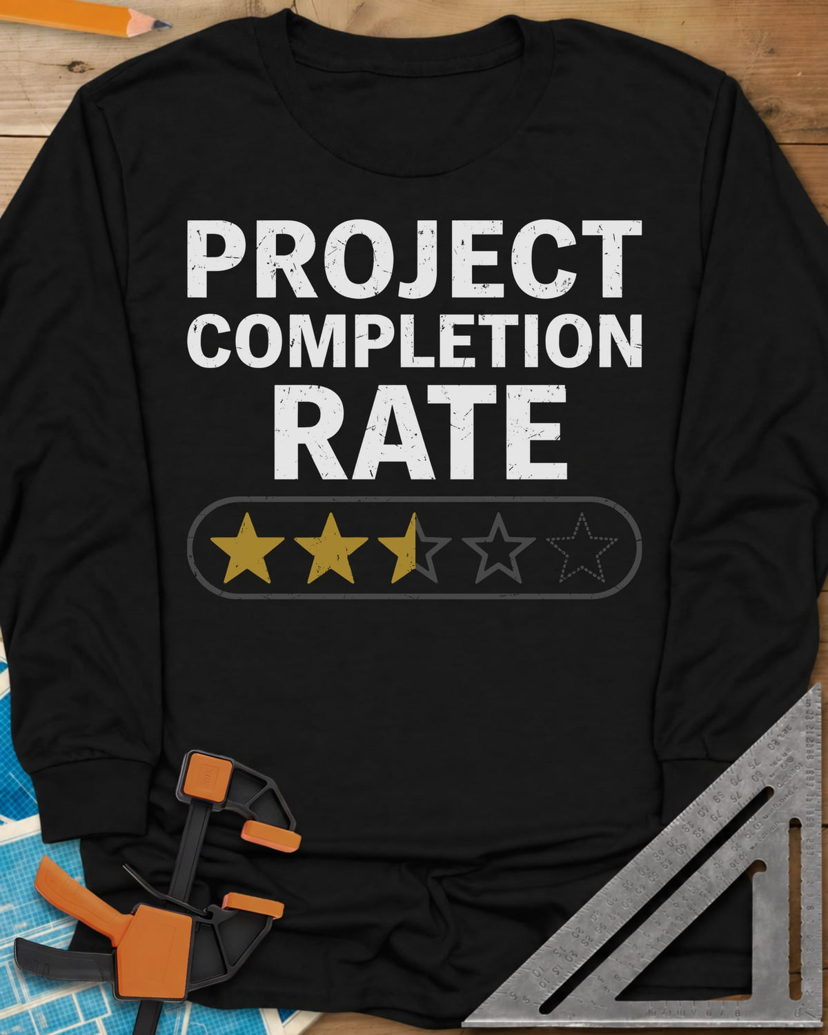 Project Completion Rate long sleeve shirt in Black, a five-star rating bar with two and a half stars filled in