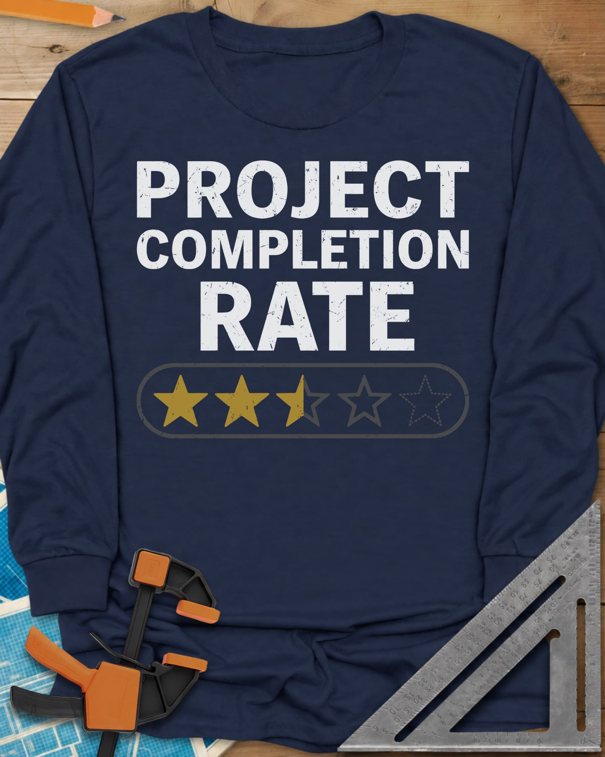 Project Completion Rate long sleeve shirt in Navy, a five-star rating bar with two and a half stars filled in