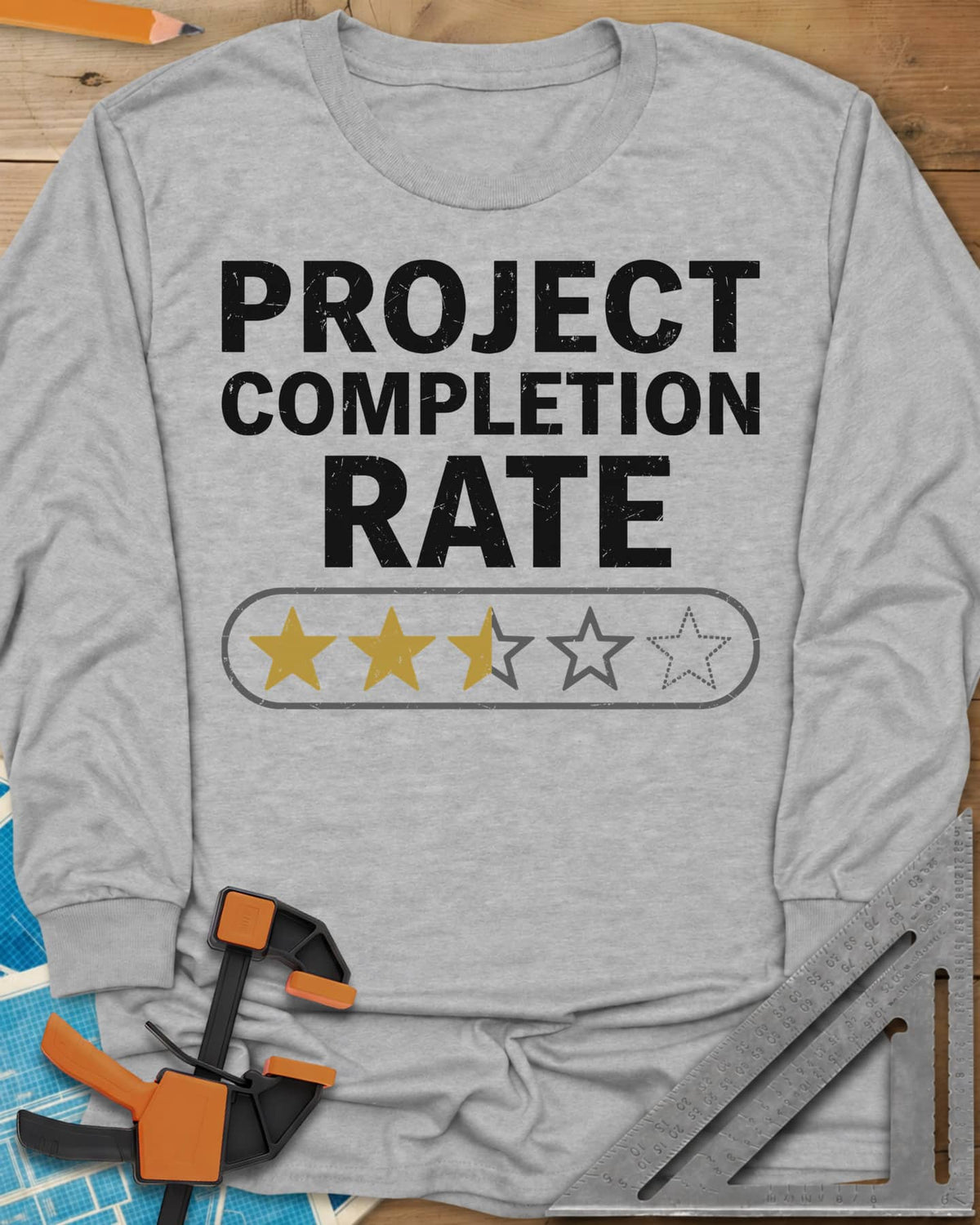 Project Completion Rate long sleeve shirt in Sport Grey, a five-star rating bar with two and a half stars filled in