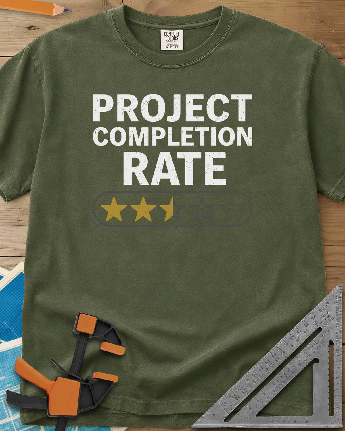 Project Completion Rate heavyweight tee in Hemp, a five-star rating bar with two and a half stars filled in