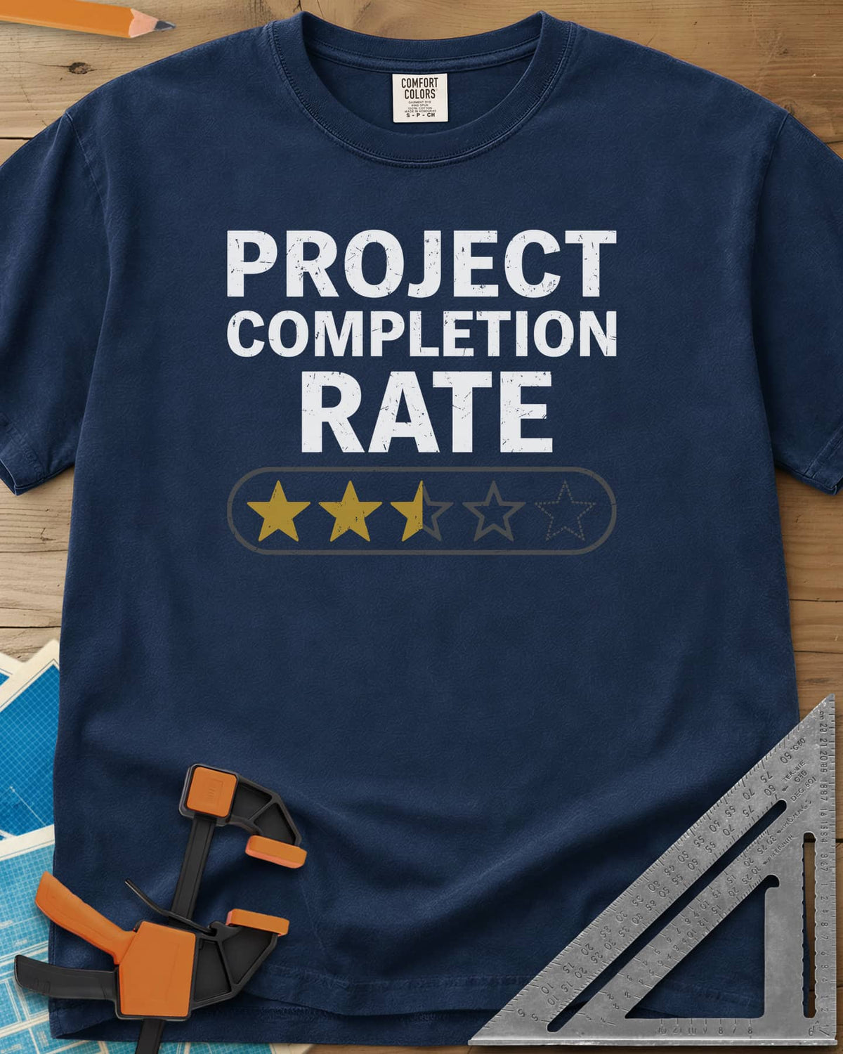Project Completion Rate heavyweight tee in Navy, a five-star rating bar with two and a half stars filled in