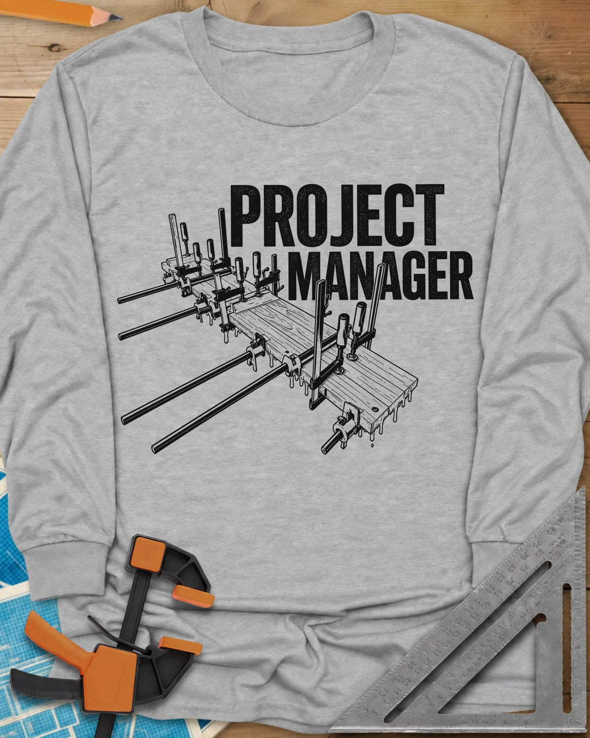 Project Manager long sleeve shirt in Sport Grey, a glued-up board panel held by bar clamps with glue drips