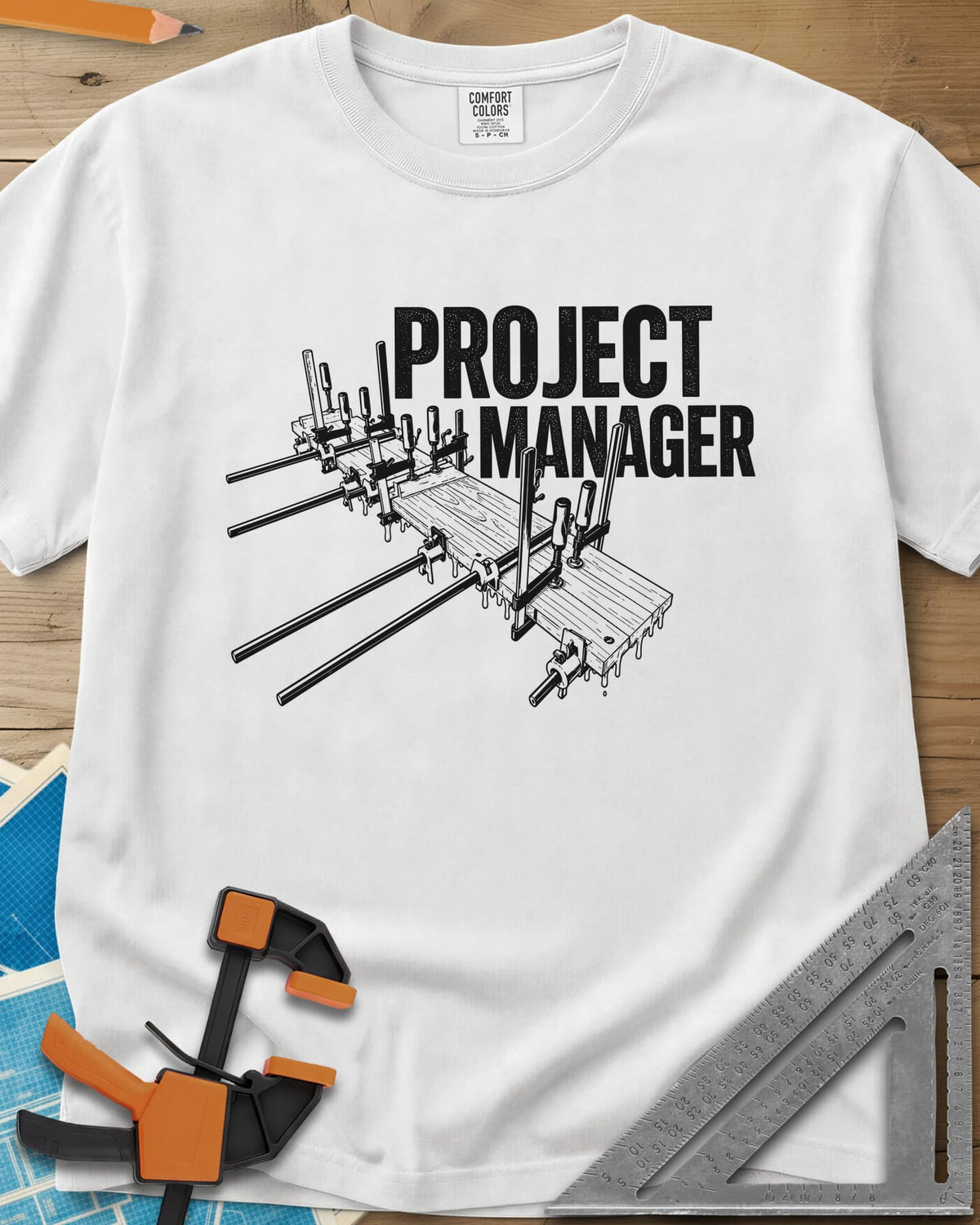 Project Manager heavyweight tee in White, a glued-up board panel held by bar clamps with glue drips