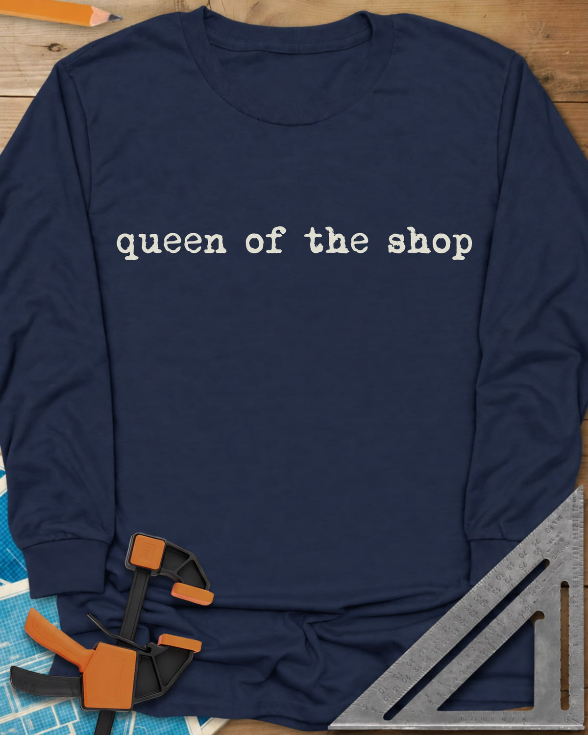 Queen Of The Shop Woodworking long sleeve shirt in Navy, small lowercase typewriter lettering, no graphic