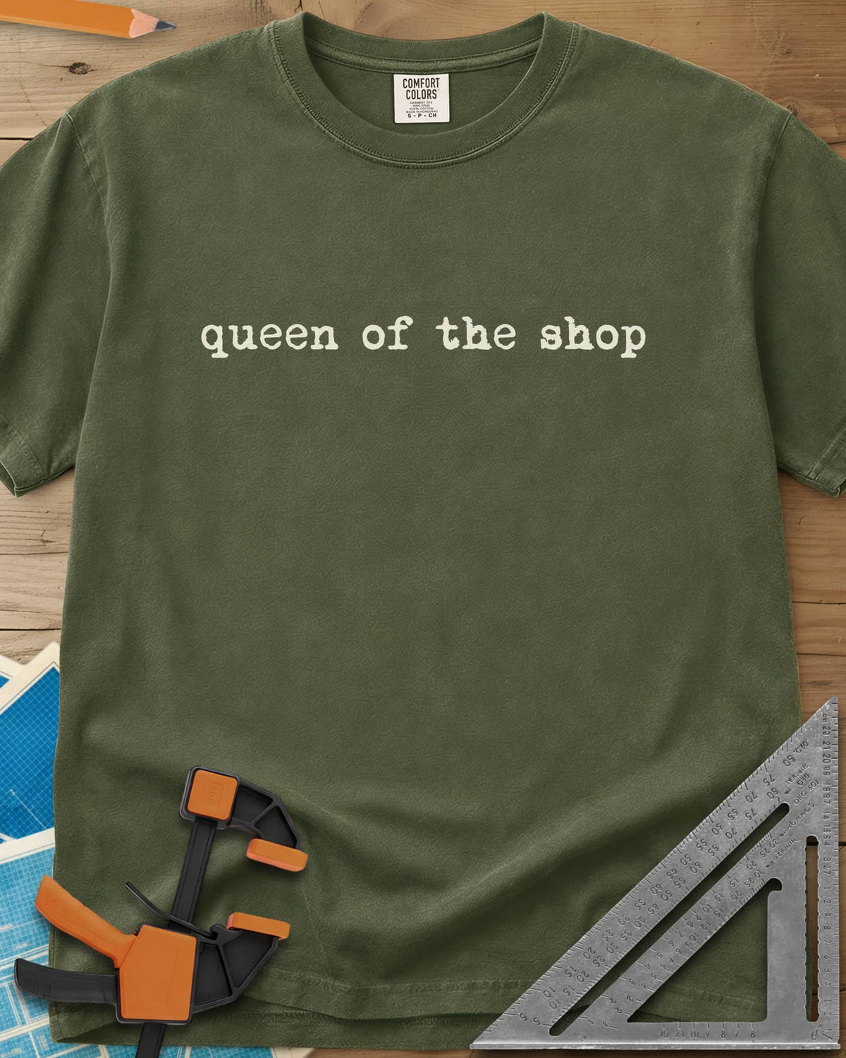 Queen Of The Shop Woodworking heavyweight tee in Hemp, small lowercase typewriter lettering, no graphic