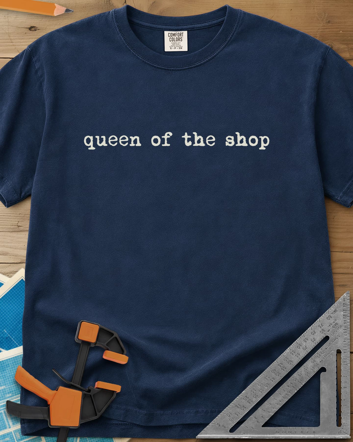 Queen Of The Shop Woodworking heavyweight tee in Navy, small lowercase typewriter lettering, no graphic