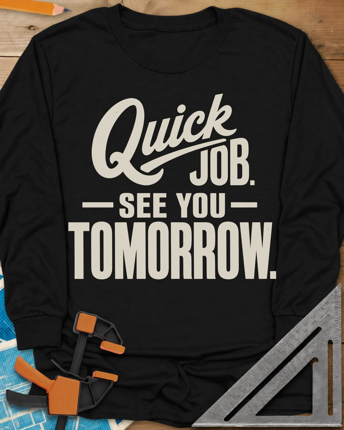 Quick Job long sleeve shirt in Black, script Quick with a long swash over bold block lettering