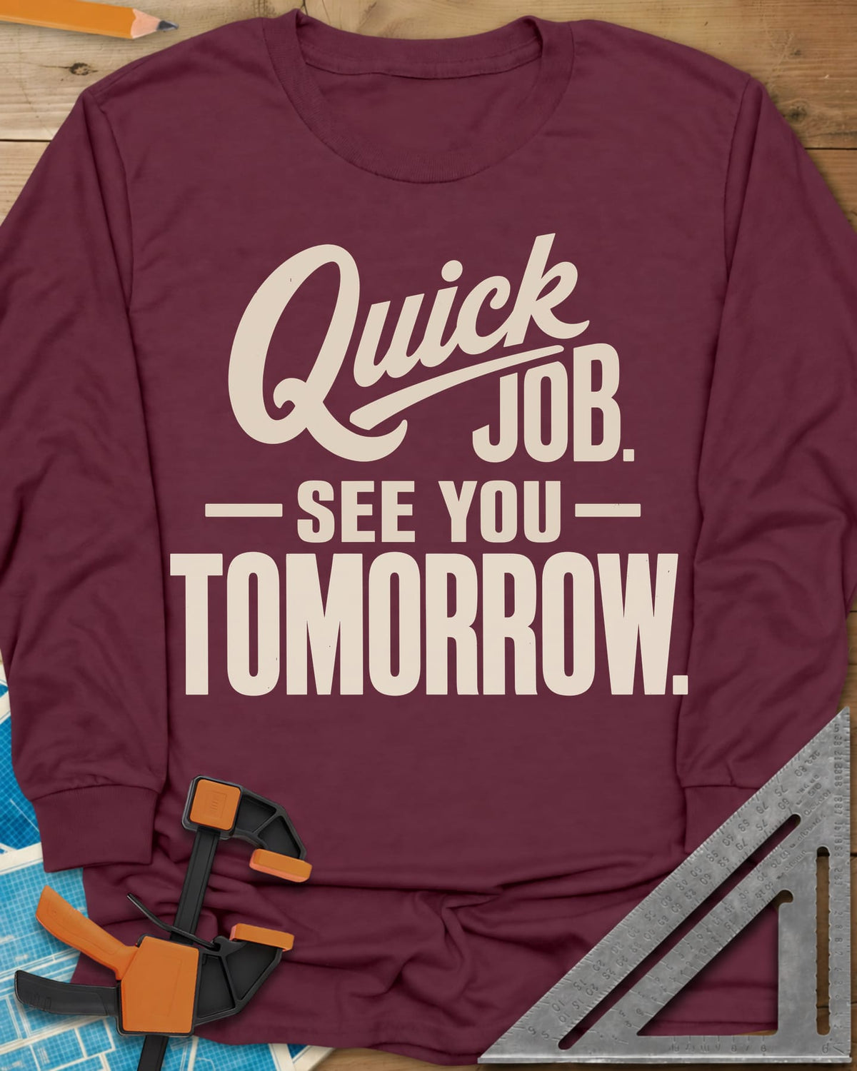 Quick Job long sleeve shirt in Maroon, script Quick with a long swash over bold block lettering