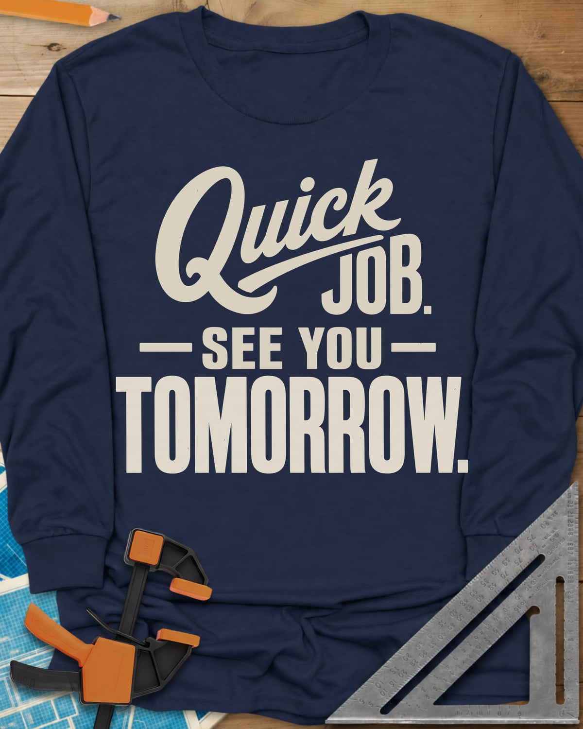 Quick Job long sleeve shirt in Navy, script Quick with a long swash over bold block lettering