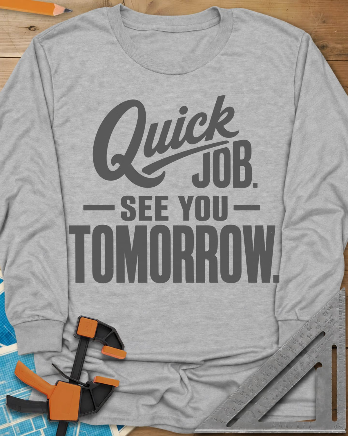 Quick Job long sleeve shirt in Sport Grey, script Quick with a long swash over bold block lettering