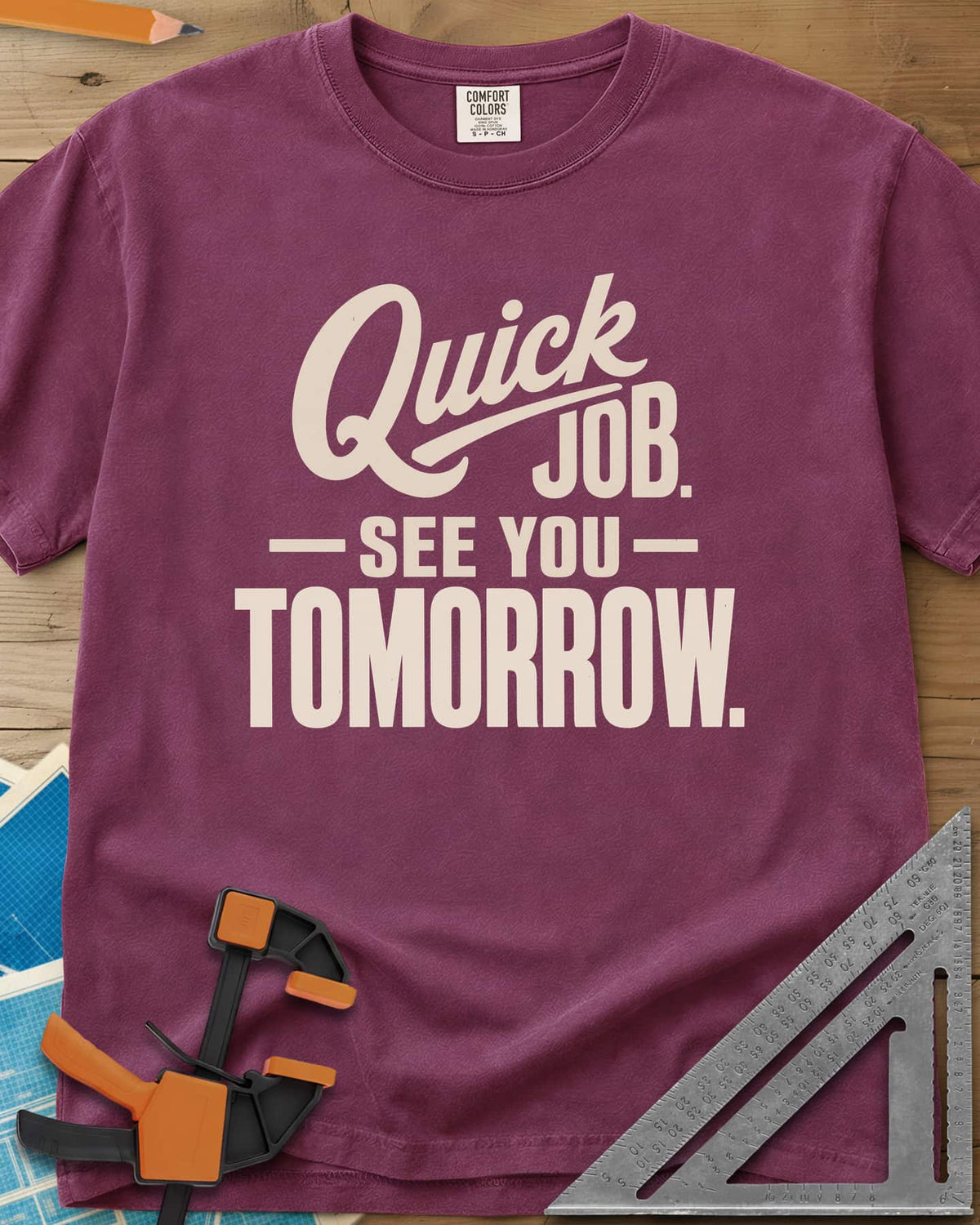 Quick Job heavyweight tee in Berry, script Quick with a long swash over bold block lettering