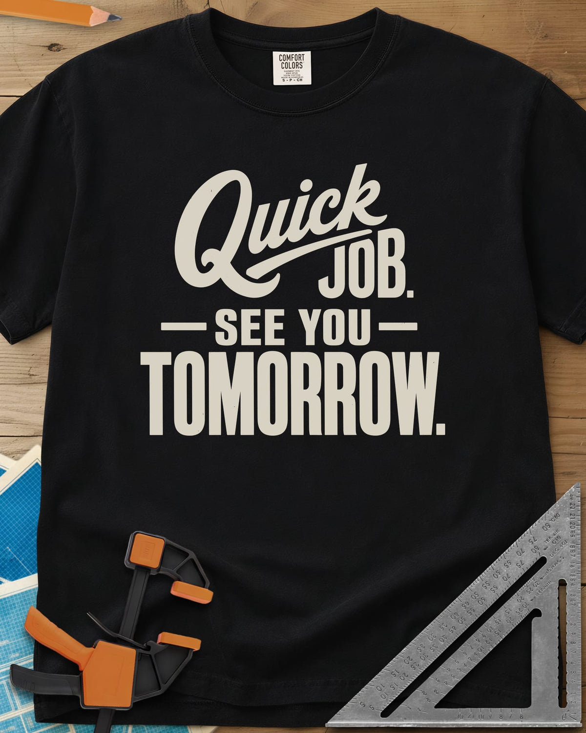 Quick Job heavyweight tee in Black, script Quick with a long swash over bold block lettering