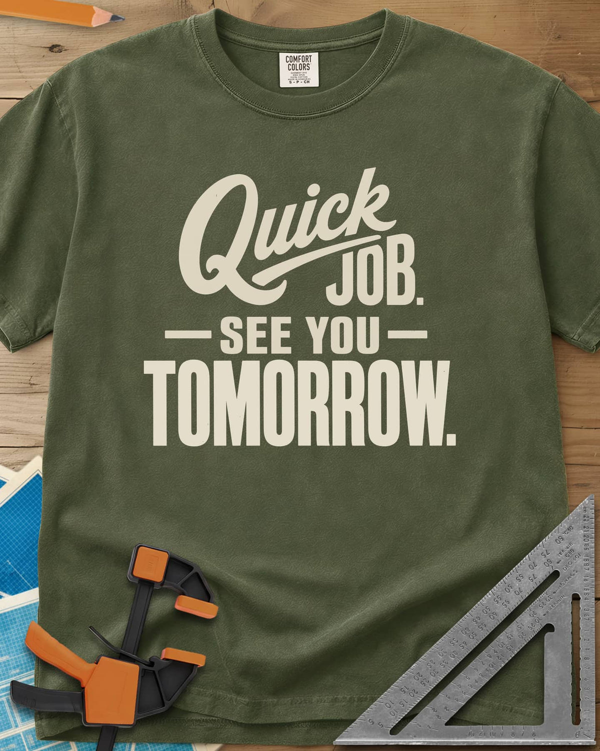 Quick Job heavyweight tee in Hemp, script Quick with a long swash over bold block lettering