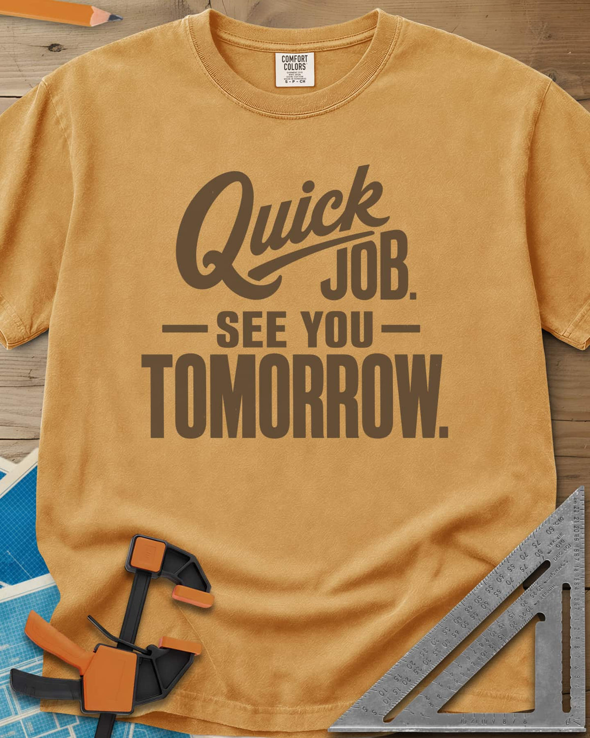 Quick Job heavyweight tee in Mustard, script Quick with a long swash over bold block lettering