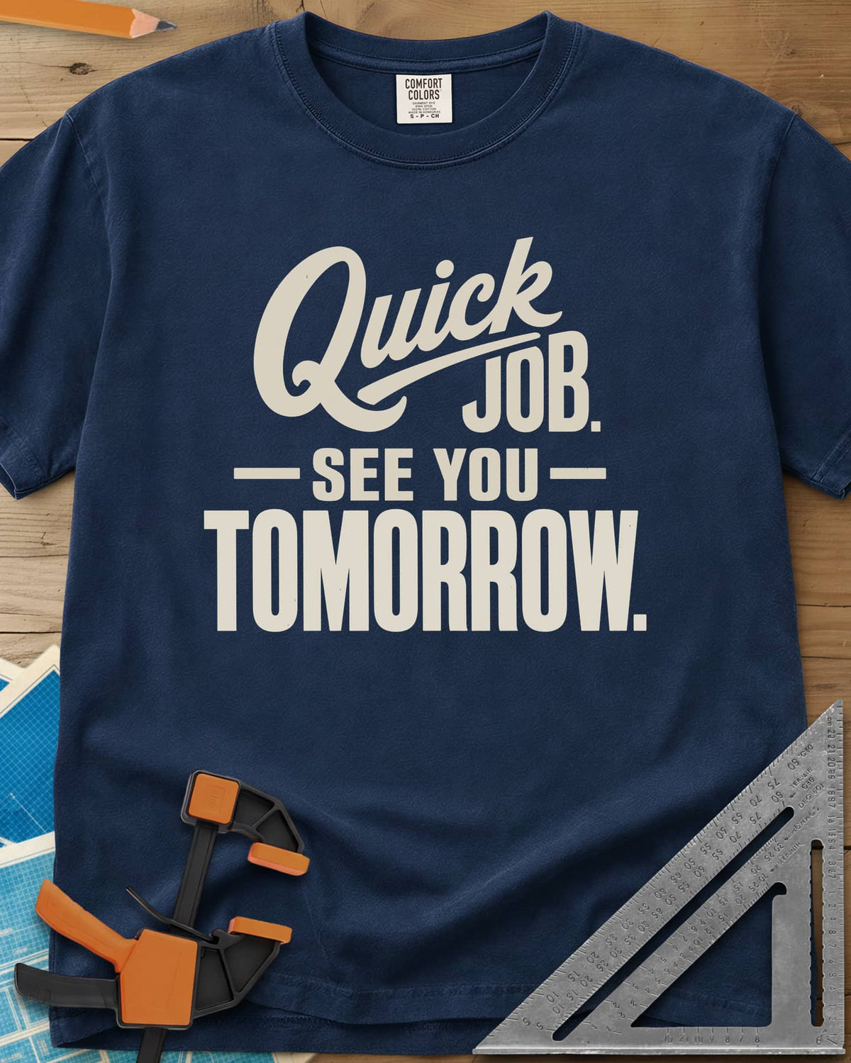 Quick Job heavyweight tee in Navy, script Quick with a long swash over bold block lettering