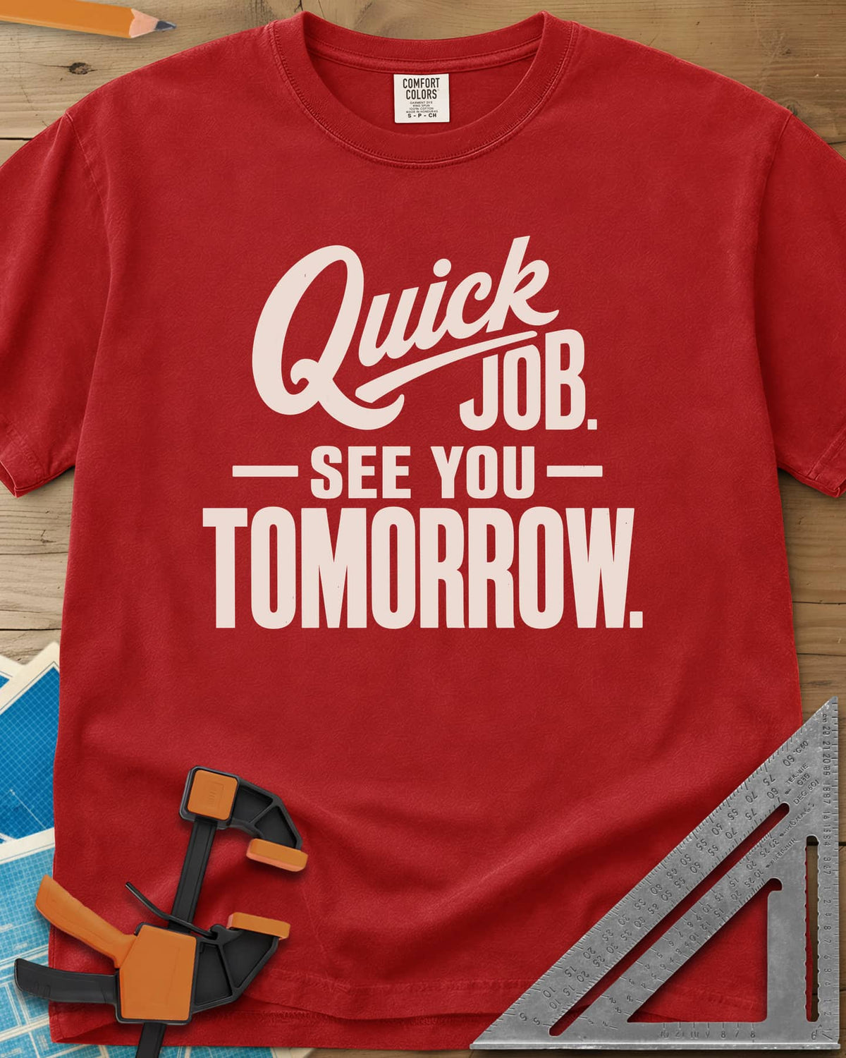Quick Job heavyweight tee in Red, script Quick with a long swash over bold block lettering